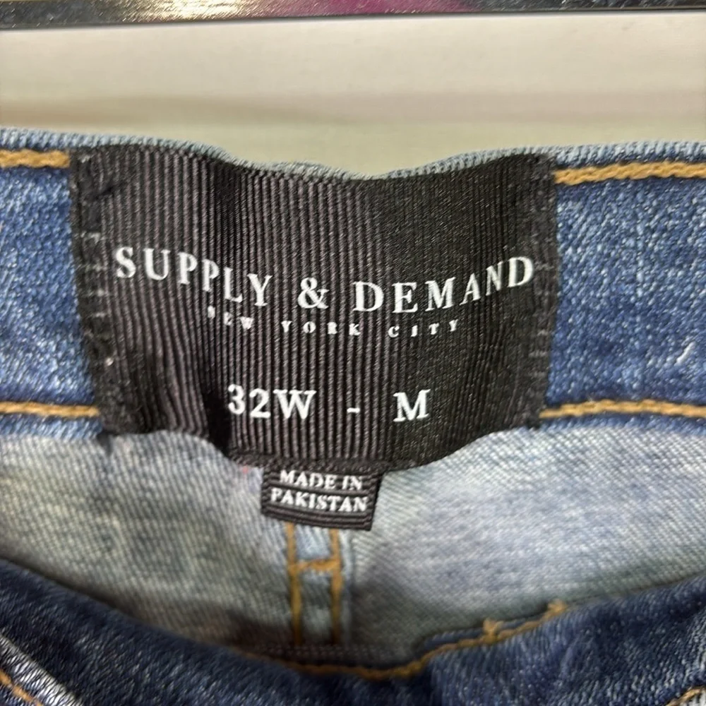 🍕 supply and demand distressed, long jean shorts with black bandanna patch